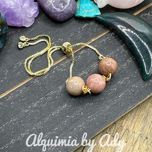 Big chunky Rhodonite gold rope chain adjustable bracelet